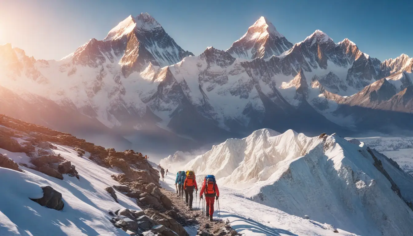 Alpinistas subindo montanha nevada ao amanhecer com o Everest ao fundo sob céu azul claro.